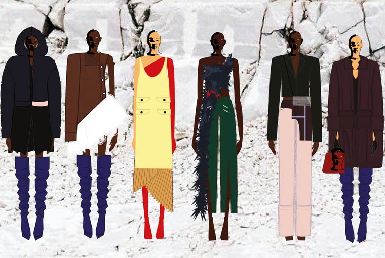 Un dessin de mode montrant six femmes stylées, dont trois femmes noires.